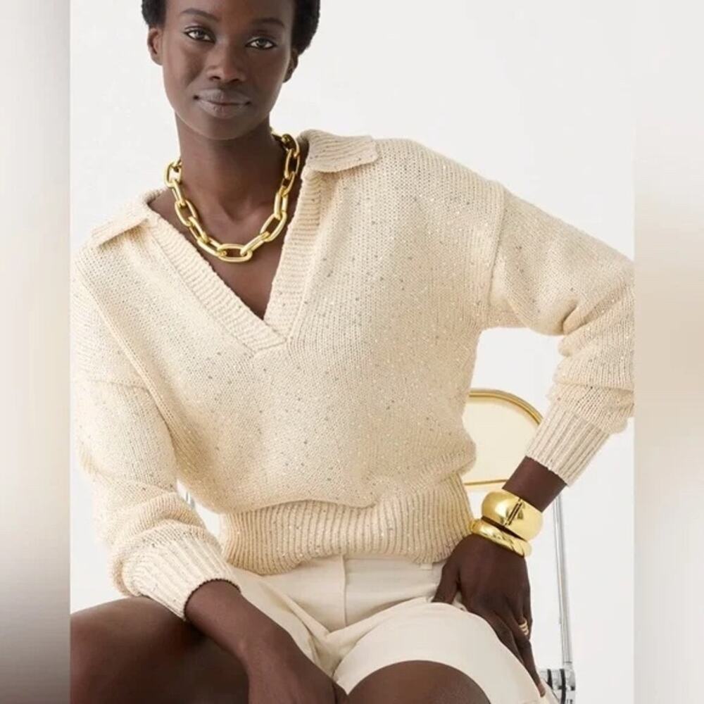 J Crew Sequin Polo Sweater XS Ivory Silver Stardust Chunky Knit Holiday Ribbed